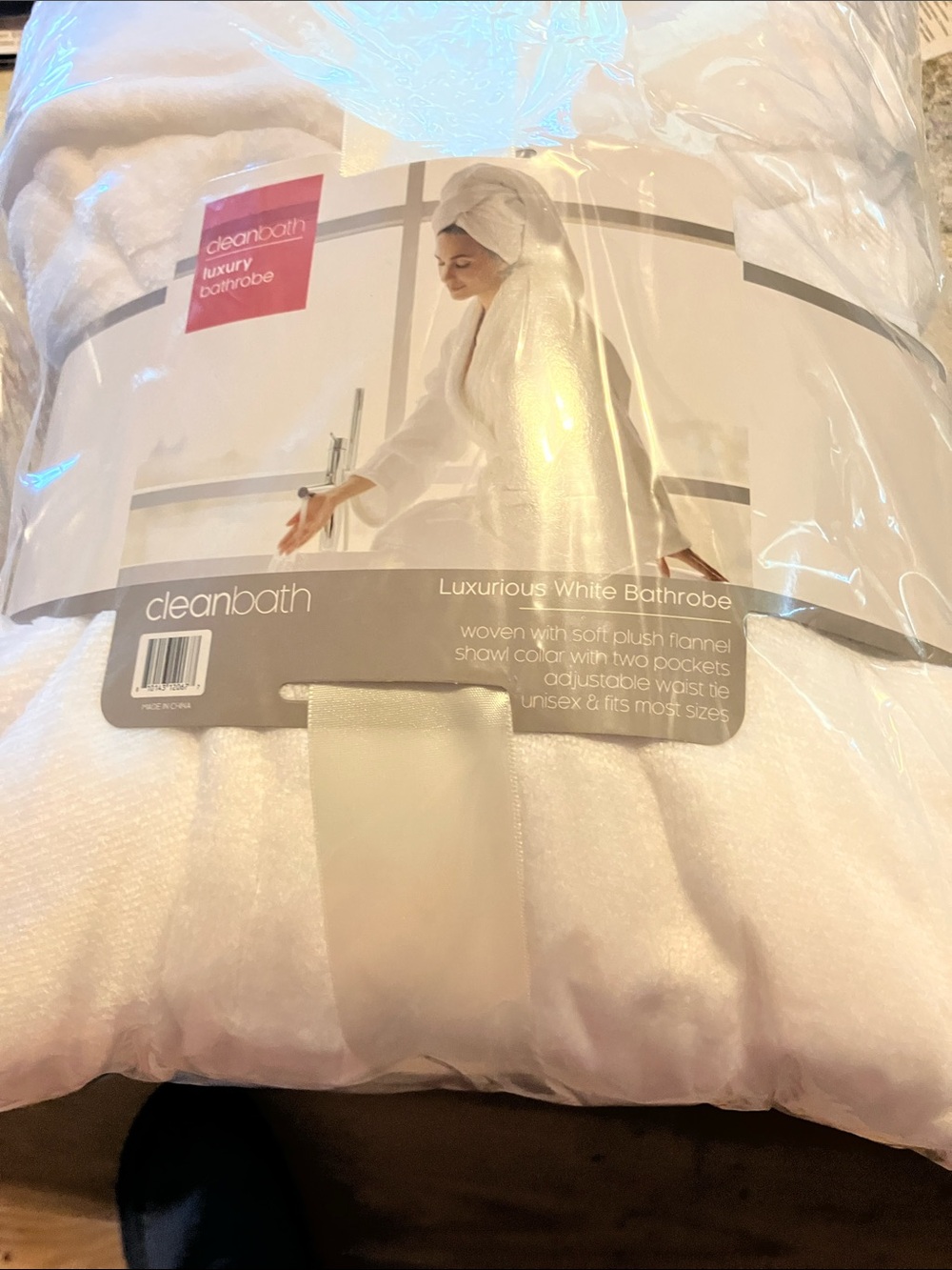 Cleanbath White Plush Flannel Bathrobe with Shawl Collar